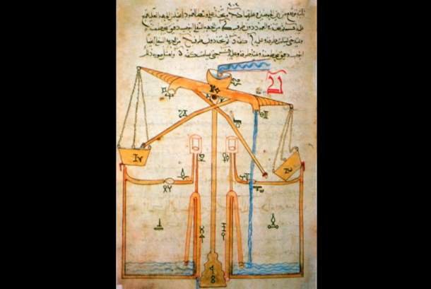 Diagram seruling abadi bertenaga air dari buku "The Book of Knowledge of Ingenious Mechanical Devices" oleh al-Jazari pada tahun 1206. - (DOK Wikipedia)