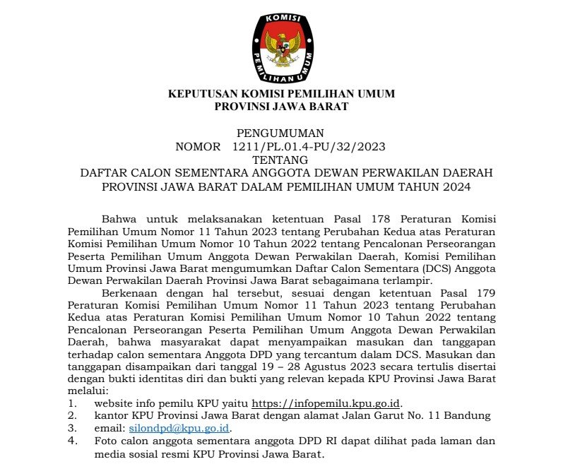 54 Orang Daftar Calon Sementara Anggota DPD Jawa Barat
